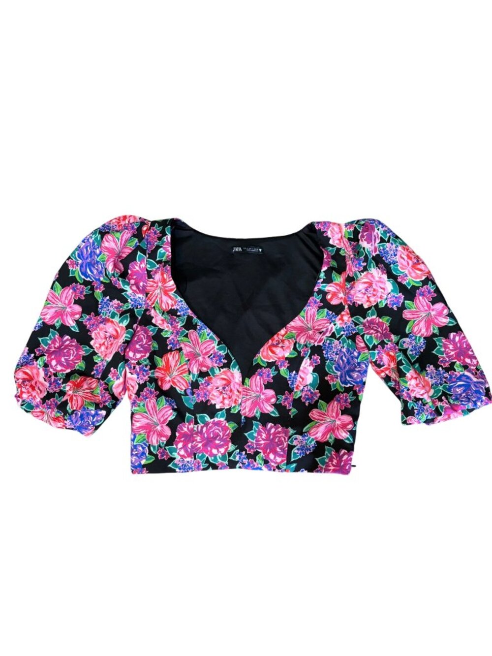 Zara Floral Black Puff Sleeve Crop Top Size S Polyester
